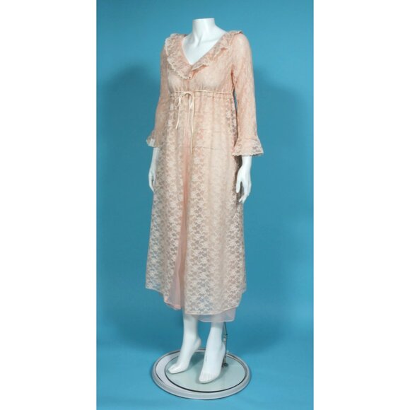 New Ro-Vel Vintage Pink Lace Peignoir Ruffle Front Tie Robe Negligee sz M /285 - Picture 5 of 7